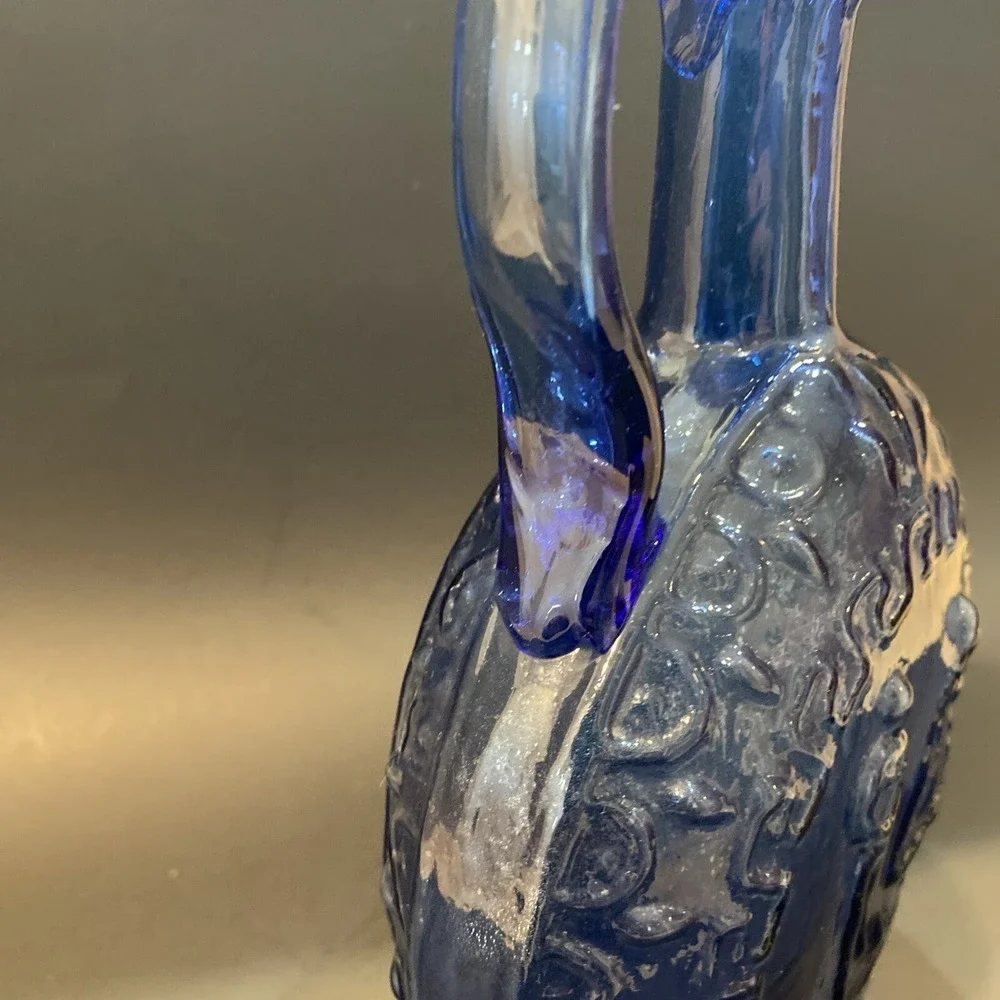 Vintage Hand Blown Cobalt Blue Raised Design Pitcher Vase Handled Jug 9.5